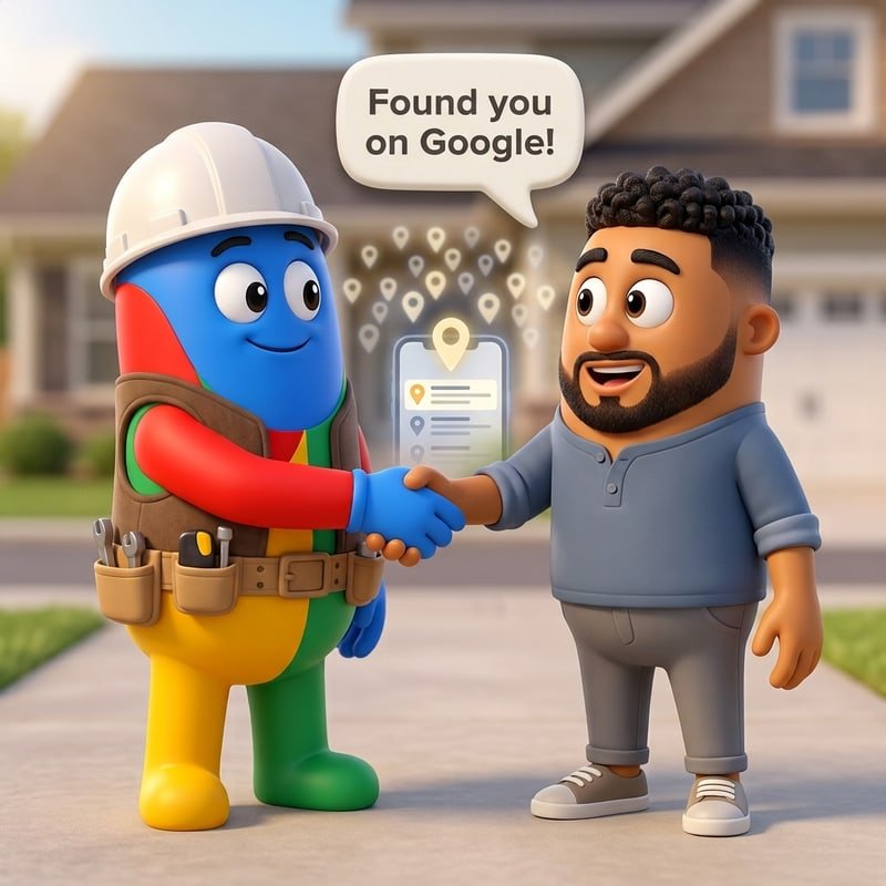 Roofer SEO Co. mascot shaking hands with a homeowner who found the company on Google